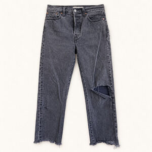 Levi’s Premium Wedgie Straight Jeans 26 Charcoal Gray Distressed Raw Hem